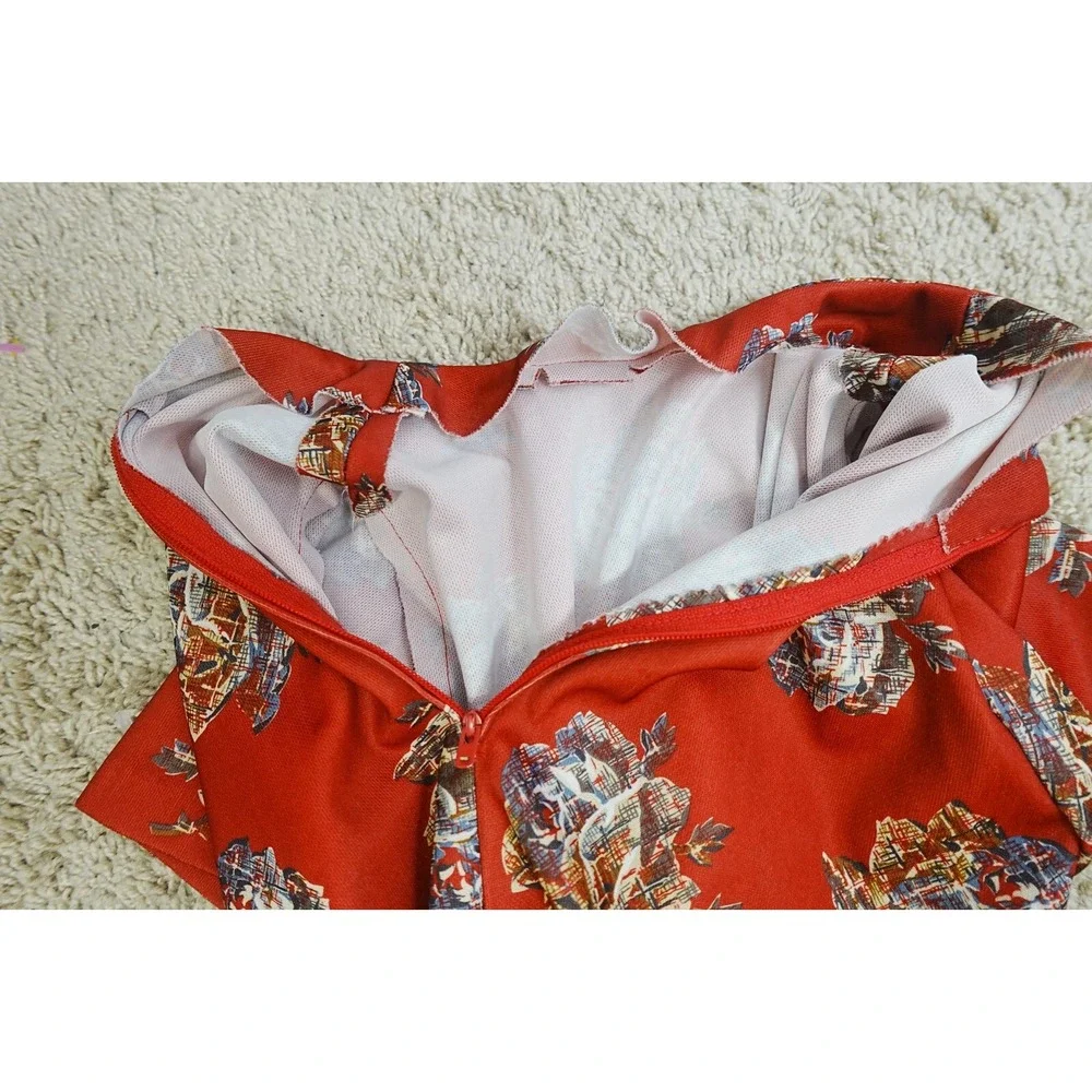 Vintage Womens Boho Blouse Red Top Sz Sm Floral Polyester Short Sleeve‎ Zipper